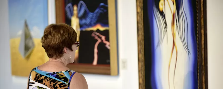 Woman viewing art at the Sidney & Berne Davis Art Center